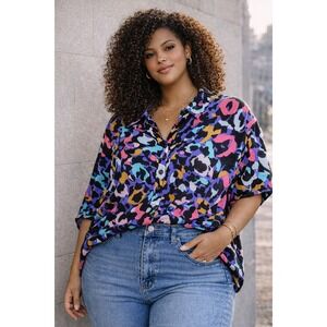 Emily Wonder NWT Oversized Abstract Leopard Blouse 2X 3X Colorful